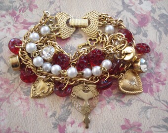 Vintage Red Glass and Crystal Buttons, Hearts, Keys, Gold Plated, Glass Pearl Link Chains, Three Strand Charm Bracelet, Bow Fold Over Clasp