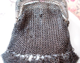 Vintage Chatelaine Purse, Mesh Chainmail, Gun Metal Silver, Embossed Frame, Vintage Collectible