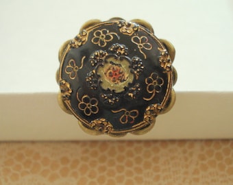 Vintage Victorian Glass and Enamel Button, Black and Gold Flower, Vintage Button Ring, Bronze Filigree, Adjustable Band