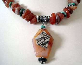 Vintage Pot Shard on Quartz, Turquoise, Jasper, and Aventurine Gemstones, Gemstone Pendant Necklace