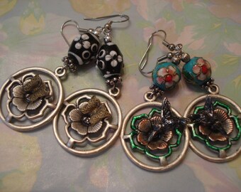 Cloisonne or Lamp Work Beads, Intricate Open Work Flowers, Humming Birds, or Butterflies, Silver Plated, Dangling Earrings, Your Choice