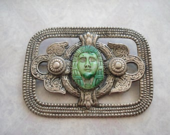 Vintage Open Work Metal  Brooch with an Egyptian Green Stone Face, Vintage Brooch