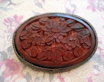 Vintage Carved Chinese Cinnabar Oval Brooch with  Floral Design, Metal Surrounding, Vintage Chinese Brooch