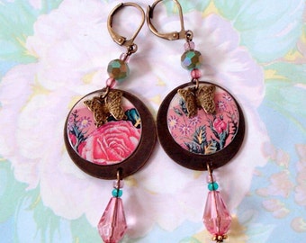 Floral English Tin and Bronze Circles with Detailed Butterflies, Faceted Iridescent Czech Crystals, Pink Teardrops, Lever Back Ear Wires