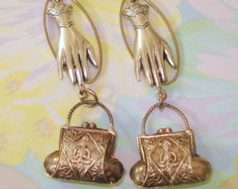 Vintage Ethnic Silver Embossed Purse, Hand Connectors, Ovals, Hook Ear Wires, Ethnic Dangling Purse with Hand Earrings