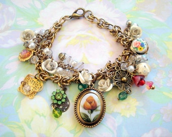 Double Sided Lady and Flower Cameo, Crystals, Pearls, Glass and Metal  New and Vintage Components, Double Gold Tone Chain, Charm Bracelet