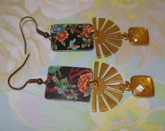 Vintage Floral Brazilian Tins, Floral Design, Raw Brass Connectors with Faceted Glass Dangles, Bronze Ear Wires, Long Dangling Earrings