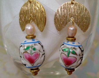 Vintage Chinese Porcelain Beads with Intricate Designs, Hearts, Freshwater Pink Pearls, Textured Raw Brass, Ear Wires, Dangling Earrings