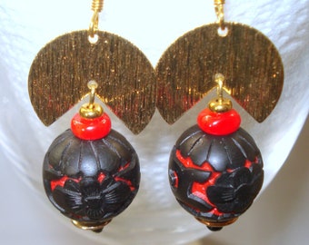 Vintage Black/ Red Carved Cinnabar, Floral Design, Glass and Gold Plated Beads, Dangling from Textured Raw Brass Ethnic Earrings, Hook Wires