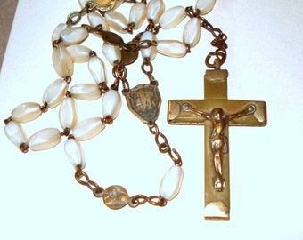 Vintage Lourdes Rosary, Mother of Pearl Oval Beads, Double Sided Bronze Connectors, Metal Cross, Detailed Jesus, Lourdes Stamped on Cross