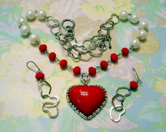 Red Heart Resin Pendant Necklace with Key, Rosary, Pearl, and Heart Link Chains, Heart Toggle Clasp, Matching Earrings Included