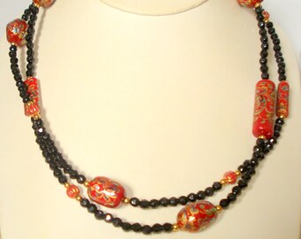 Japanese Tensha Multi Shapes and Sizes, Red Background, Floral and Swirl Beads, Gold Plated, Metal, and Faceted Resin Beads, Long Necklace