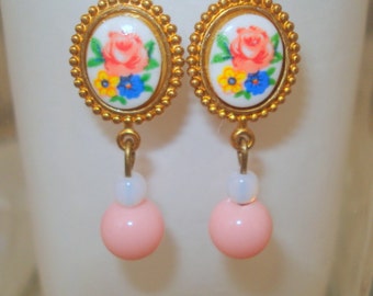 Glass Flower Bouquet Cabochons, Set in Raw Brass, with White and Pink Glass Beads, Hook Ear Wires, Dangling Floral Earrings
