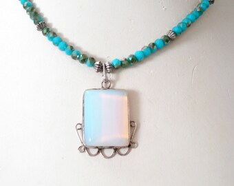 Opalite Rectangle in a Framed Silver Tone Detailed Pendant, Turquoise and  Silver Faceted Crystals, Textured Silver Beads, Pendant Necklace