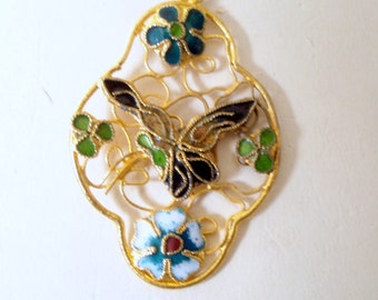 Vintage Cloisonne Enamel Colorful Floral Pendant, Open Work, Gold Tone Metal, Vintage Pendant