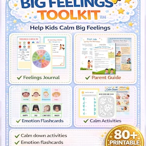 Könnte beinhalten: Ein digitales Toolkit namens "Big Feelings Toolkit" zur Unterstützung von Kindern bei der Bewältigung ihrer Gefühle. Das Bild zeigt ein Gefühlstagebuch, einen Elternratgeber, Emotionskarten und beruhigende Aktivitäten. Über 80 druckbare Seiten stehen zum sofortigen Download bereit.