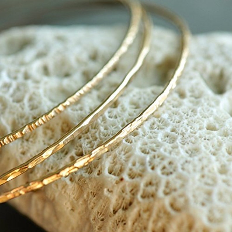 set of 3-3 textures 14k gold filled hammered skinny Stacking Bangles