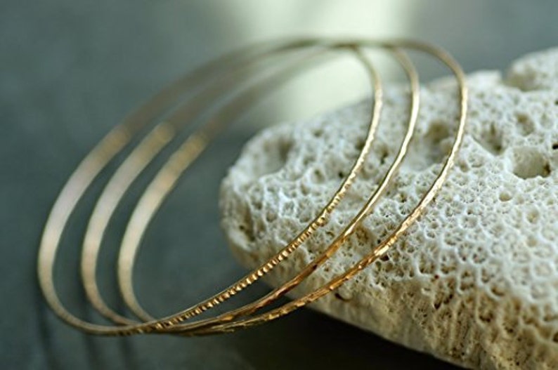 set of 3-3 textures 14k gold filled hammered skinny Stacking Bangles