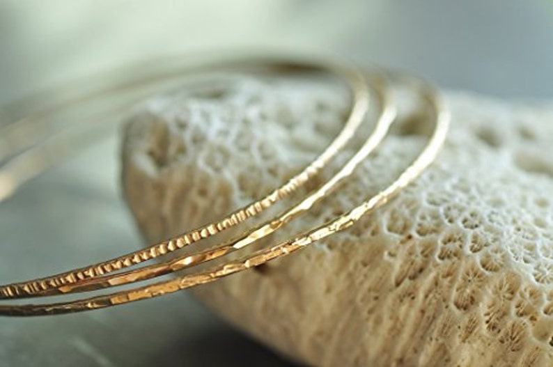 set of 3-3 textures 14k gold filled hammered skinny Stacking Bangles