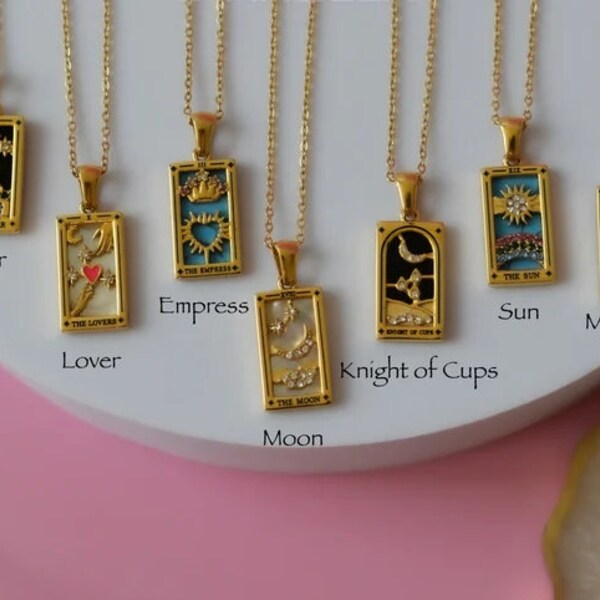 GOLD FILLED Tarot Card Necklace, Sun, Lover, Star, Moon, Magician Enamel Pendant Necklace, Waterproof Non Tarnish Mystic Celestial Jewelry