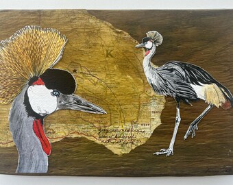 Grey Crowned Crane fine art painting/collage