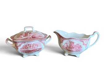 Vintage Johnson Brothers England Pink Old Britain Castles Sugar Bowl & Creamer