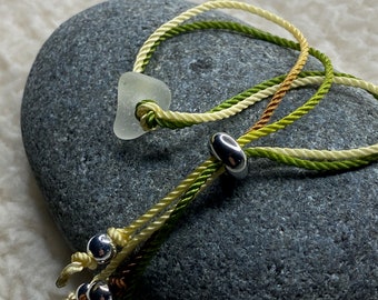 Sea Glass Heart Slide Bracelet – Adjustable Boho Cord