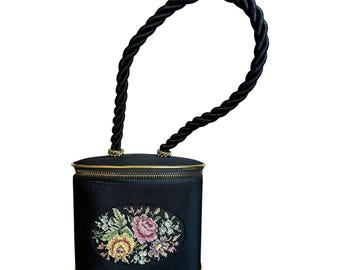 Vintage Petty Petit Point Stickerei Zylinder Handtasche Blumen Ausland Deutschland Spiegel