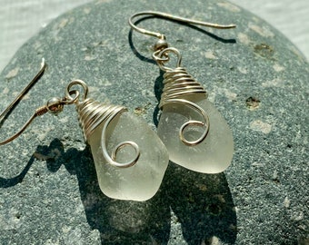 Sea Glass Earrings - Wire Wrapped - Pure as the Driven Snow