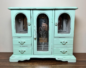 Vintage Wooden Jewelry Box Armoire Hand Painted Cottage Granny Core Sea Glass