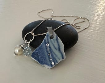Sea Glass Pottery Necklace - Recycled Jewelry - MORNING GLORY