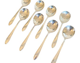 Oneida Community Tudor Silberteller Suppenlöffel / Gumbo Löffel Queen Bess II 8er Set