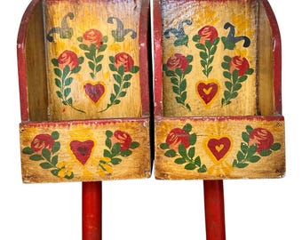 Set Antique Primitive Hand Painted Pine Wood Wall Boxes Folk Art Flowers Hearts