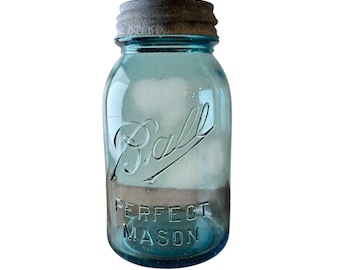 Vintage Blue Glass Atlas Ball Mason Jar with Crusty Zinc Top Lucky Number 7