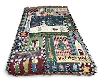 VINTAGE Goodwin Weavers Tapestry Throw Blanket Christmas Patchwork Snowman 44x65