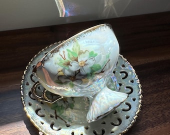 Vintage Inarco E-153 Lusterware Japan - Footed Teacup and Saucer - LADY SYBIL