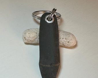 Stein Schlüsselanhänger: Graue Quartz Vene, Silber Ring