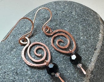 Hammered Copper Swirls and Vintage Glass Earrings - CIARA