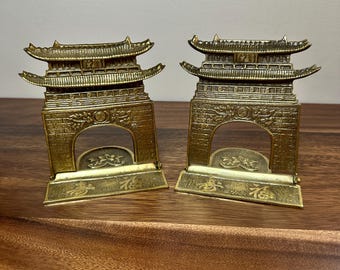 Vintage Ornate Brass Folding Asian Pagoda Bookends