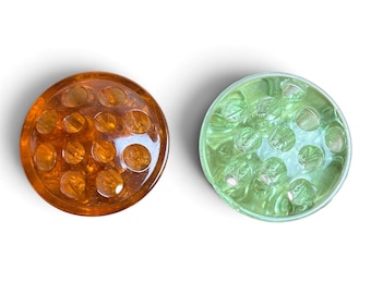 2 Vintage Vaseline Uranium / Cadmium Glass Flower Frogs Green Orange 11 & 12 Holes 3.5"