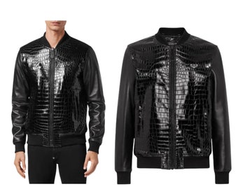 Men's black leather jacket | Crocodile leather jacket | Men's bomber leather jacket | black Lambskin leather jacket