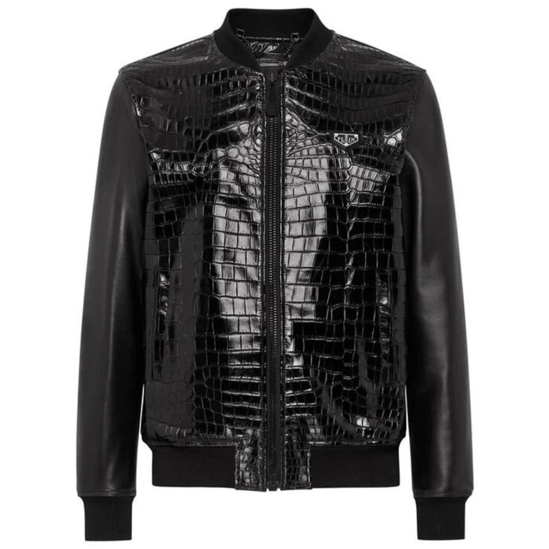 Men's Black Leather Jacket Crocodile Leather Jacket Men's Bomber ...