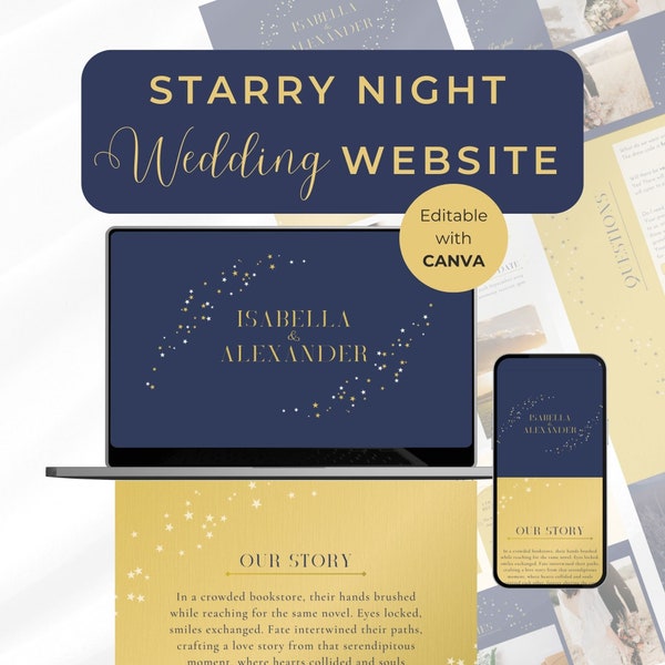 Wedding Invite Website Evening Night Star Design Free Host Online Canva Template Nocturne Blue Engagement Website Mobile Optimisation