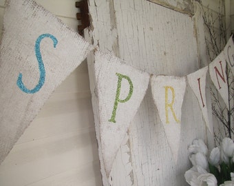 SPRING Glittered Burlap banner Bunting Pennant