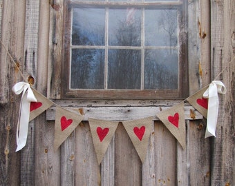 Glittered Hearts Burlap Banner with Ribbon Bows