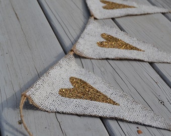 Tarnished Gold Hearts or Stars Painted Burlap Wedding Banner