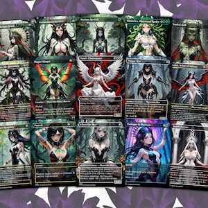 May include: A collection of fantasy art trading cards featuring various female characters with detailed illustrations. The cards showcase a range of colors, including green, black, white, and purple, with intricate designs and text elements.