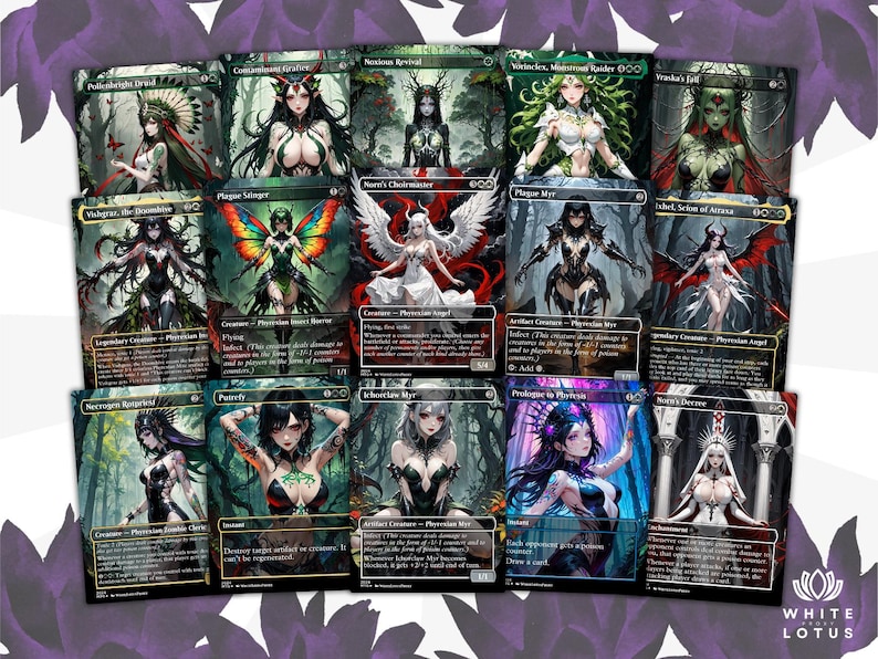 May include: A collection of fantasy art trading cards featuring various female characters with detailed illustrations. The cards showcase a range of colors, including green, black, white, and purple, with intricate designs and text elements.