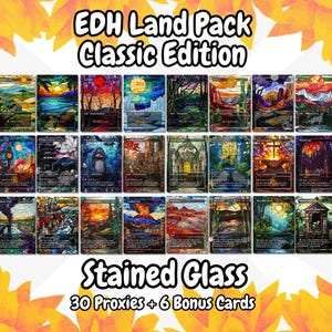 Classic EDH land pack (30+ cards) Stained Glass Dual Fetch Shock Lands | 30 unique borderless custom proxy lands for EDH or cEDH