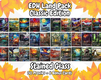 Classic EDH land pack (30+ cards) Stained Glass Dual Fetch Shock Lands | 30 unique borderless custom proxy lands for EDH or cEDH